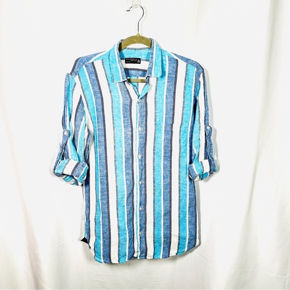 P. Langella Linen Button Down Italian Stripe Shirt Mediterranean Men’s M Blue - Picture 15 of 16